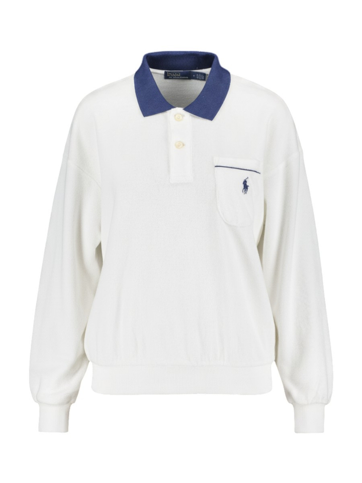 Witte trui met blauwe polokraag in badstof Ralph Lauren 
