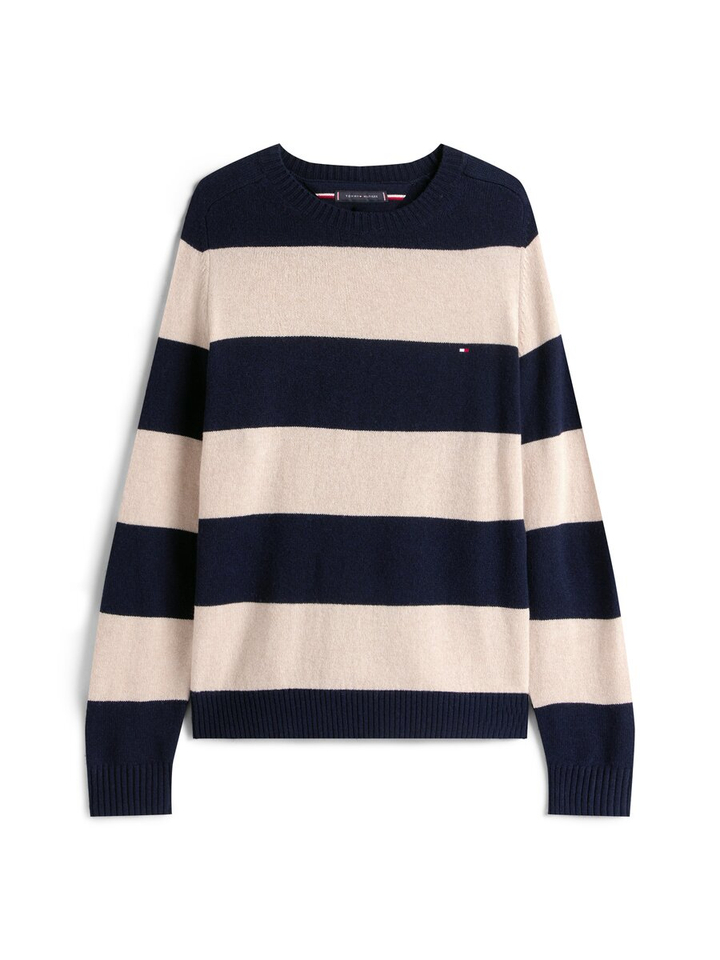 Blauw en beige gestreepte wollen pull met ronde hals Tommy Hilfiger