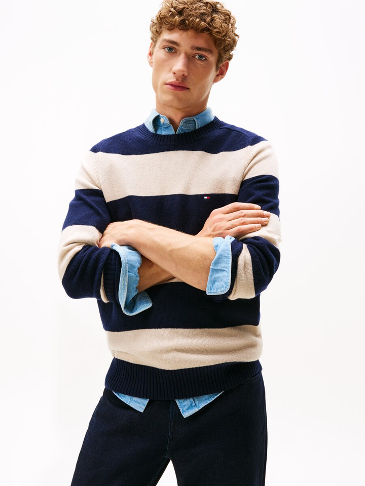 Blauw en beige gestreepte wollen pull met ronde hals Tommy Hilfiger