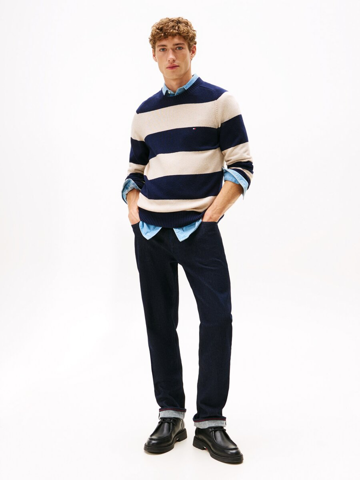 Blauw en beige gestreepte wollen pull met ronde hals Tommy Hilfiger
