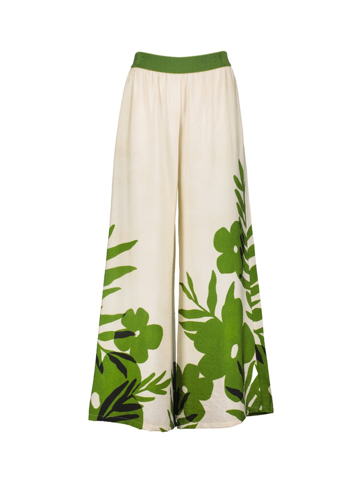 Beige wijde broek met groene bloemenprint Caroline Biss
