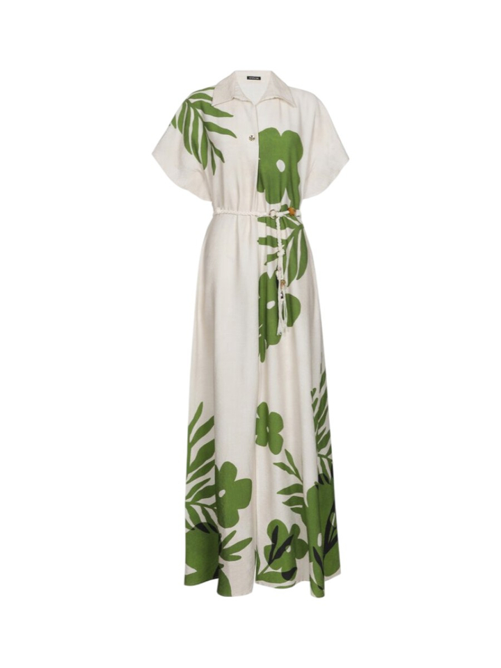 Witte maxi-jurk met groene bloemenprint en split Caroline Biss