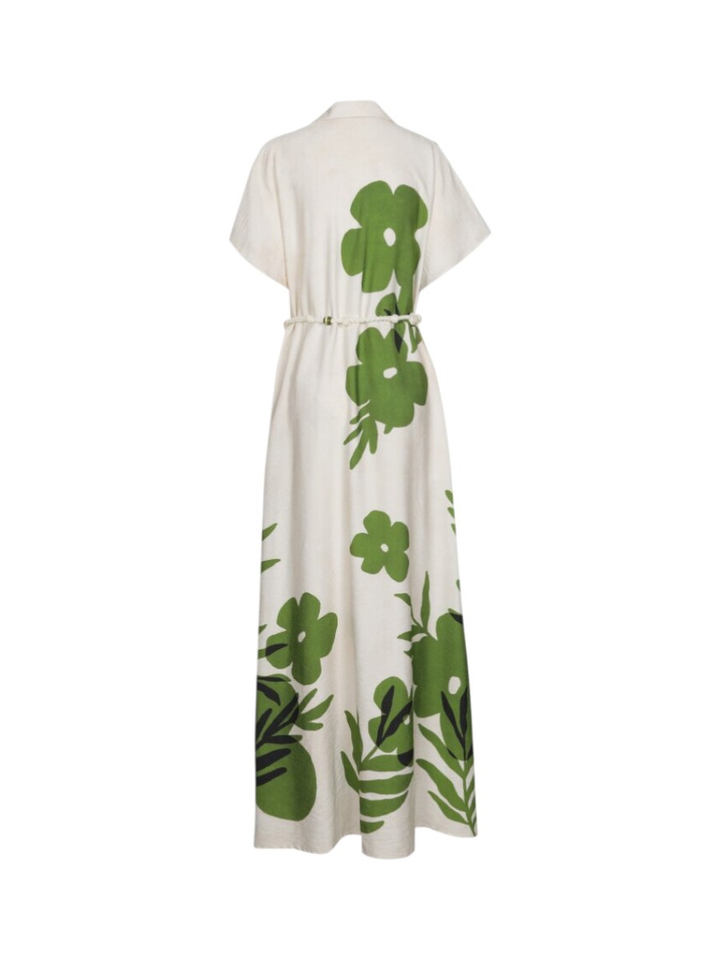 Witte maxi-jurk met groene bloemenprint en split Caroline Biss