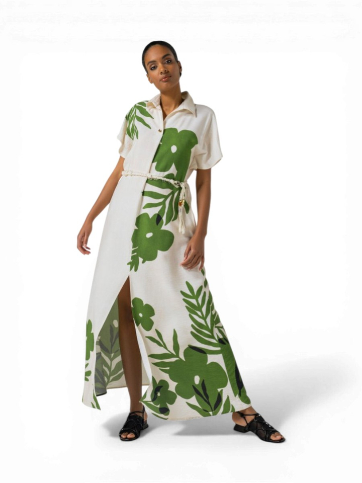 Witte maxi-jurk met groene bloemenprint en split Caroline Biss