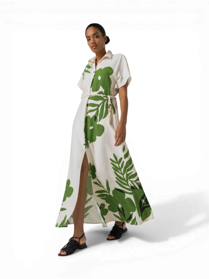 Witte maxi-jurk met groene bloemenprint en split Caroline Biss