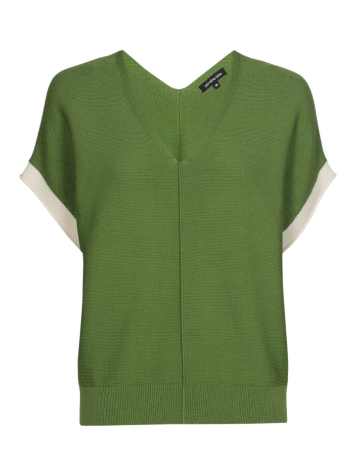 Groene pull met witte boord aan mouw Caroline Biss