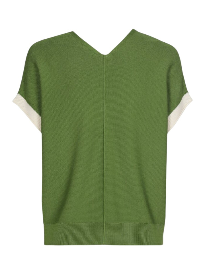 Groene pull met witte boord aan mouw Caroline Biss