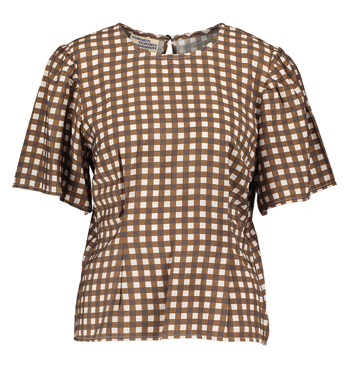 Bruin en ecru blouse in dambordpatroon met korte mouwen Mera Baum Und Pferdgarten
