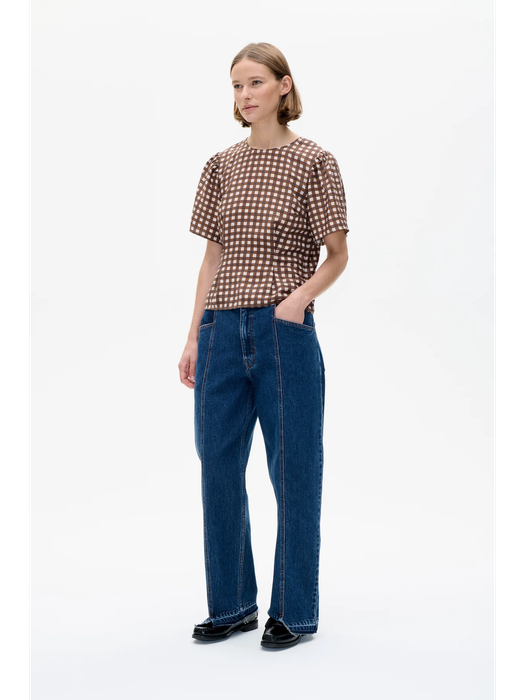 Bruin en ecru blouse in dambordpatroon met korte mouwen Mera Baum Und Pferdgarten