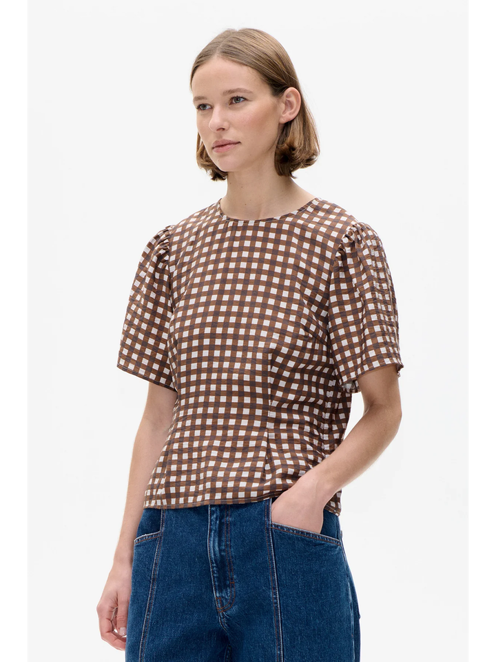 Bruin en ecru blouse in dambordpatroon met korte mouwen Mera Baum Und Pferdgarten