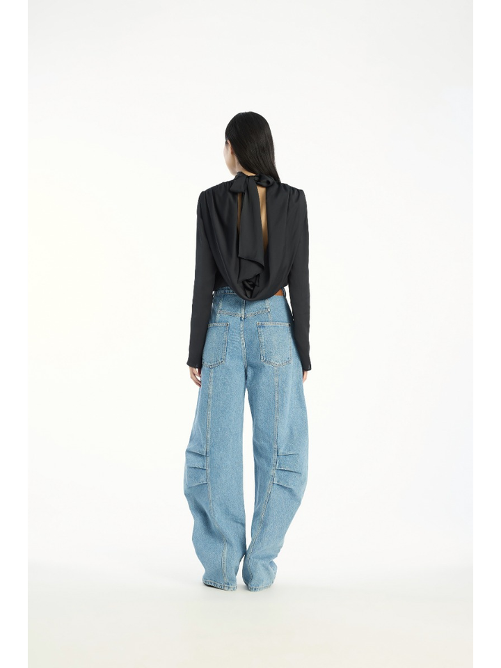Zwarte satijnlook blouse met speciale rug Rotate