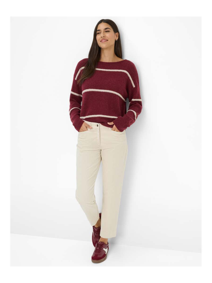 Bordeaux pull met boothals en ecru strepen Lisa Brax