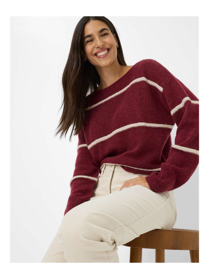 Bordeaux pull met boothals en ecru strepen Lisa Brax