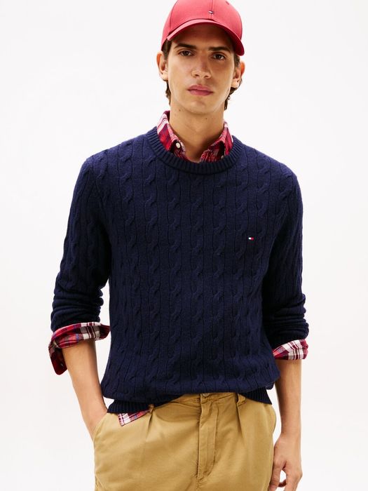 Donkerblauwe wollen trui met kabel Tommy Hilfiger