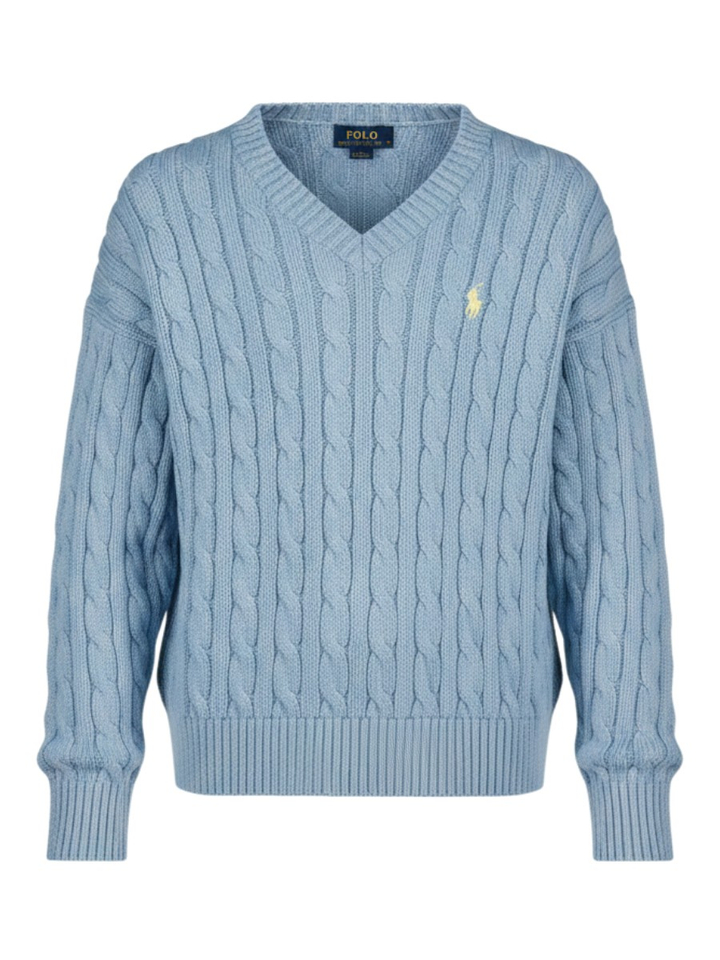 Lichtblauwe trui met kabels en v-hals Ralph Lauren