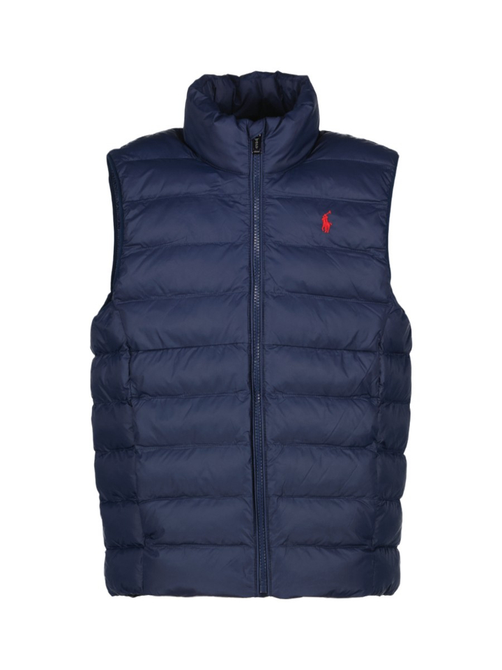 Blauwe bodywarmer met rood merklogo Ralph Lauren  
