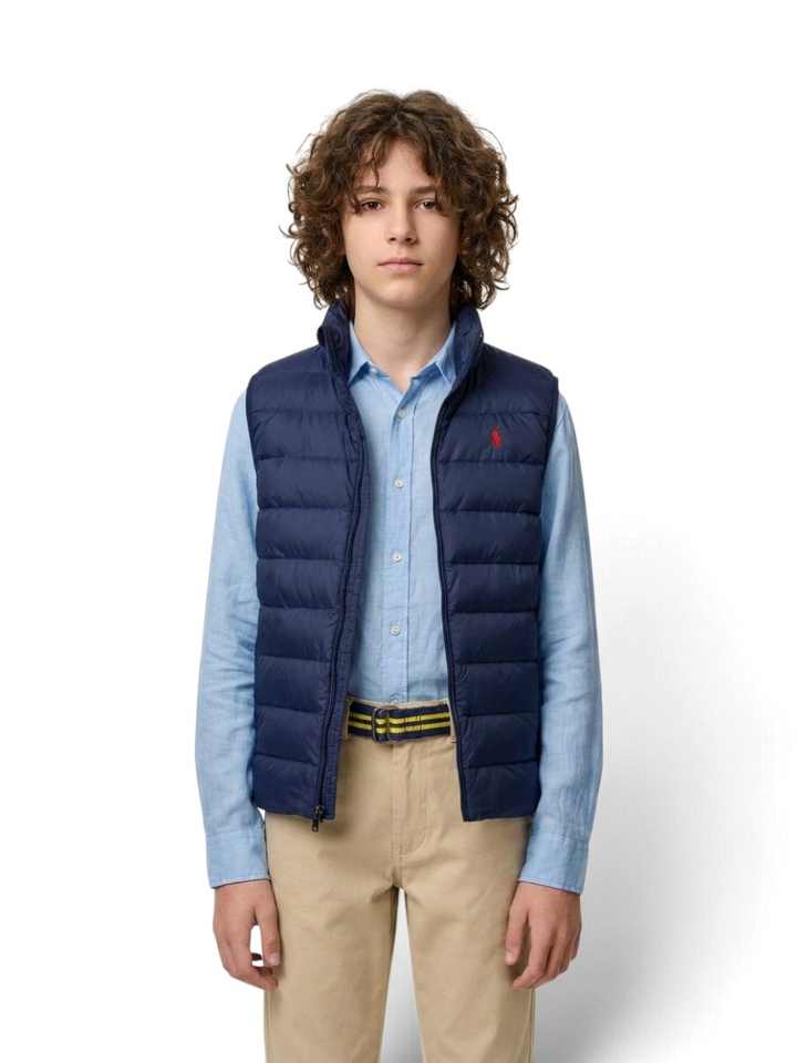 Blauwe bodywarmer met rood merklogo Ralph Lauren