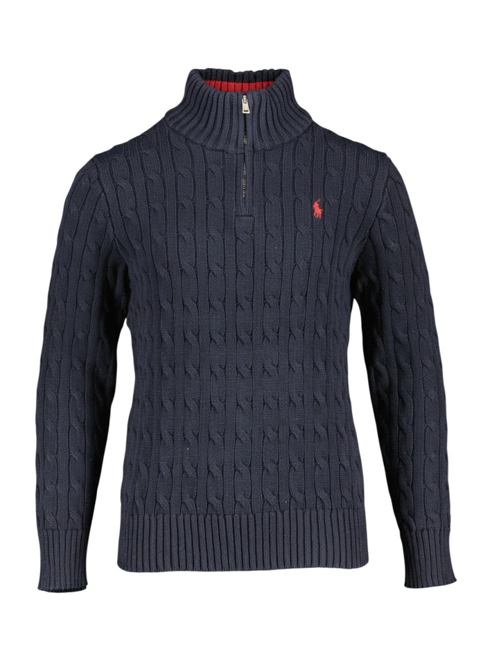 Donkerblauwe trui met rechtopstaande kraag en rits Ralph Lauren 