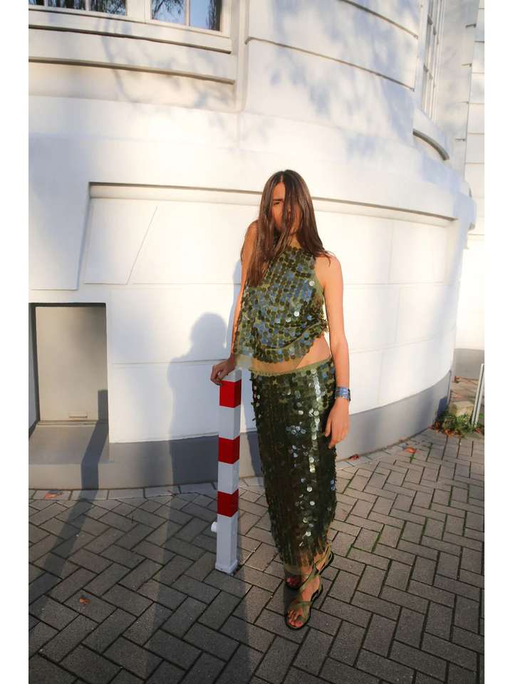 Groene feestelijke jurk met pailetten Lior Rabens Saloner