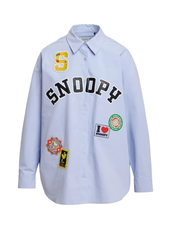 Lichtblauw katoenen shirt met veelkleurige Peanuts Snoopy-patches Jarlie Essentiel