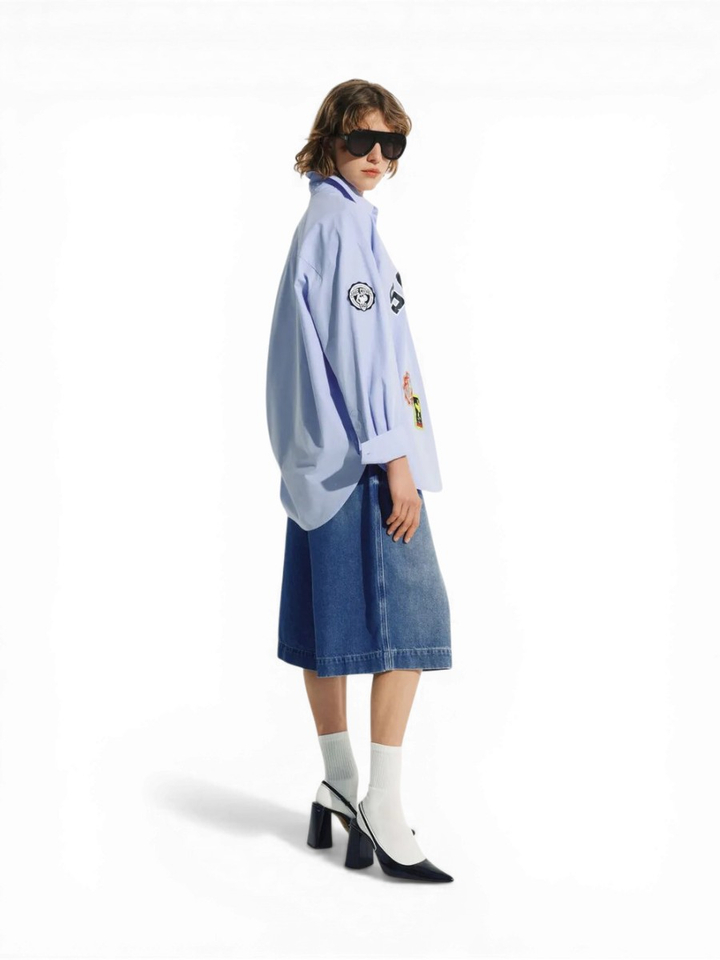Lichtblauw katoenen shirt met veelkleurige Peanuts Snoopy-patches Jarlie Essentiel