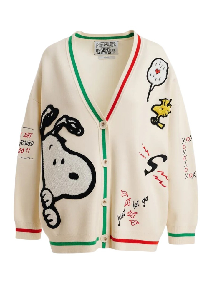 Crémekleurige gebreide oversized cardigan met patches van Snoopy en Woodstock Jaseball Essentiel