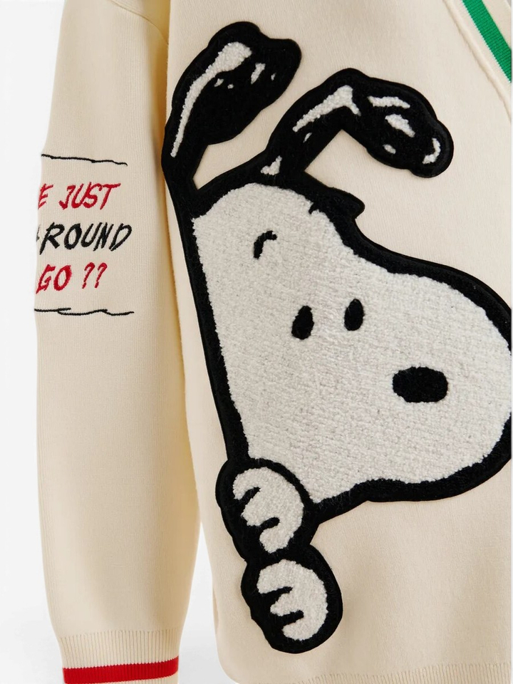 Crémekleurige gebreide oversized cardigan met patches van Snoopy en Woodstock Jaseball Essentiel