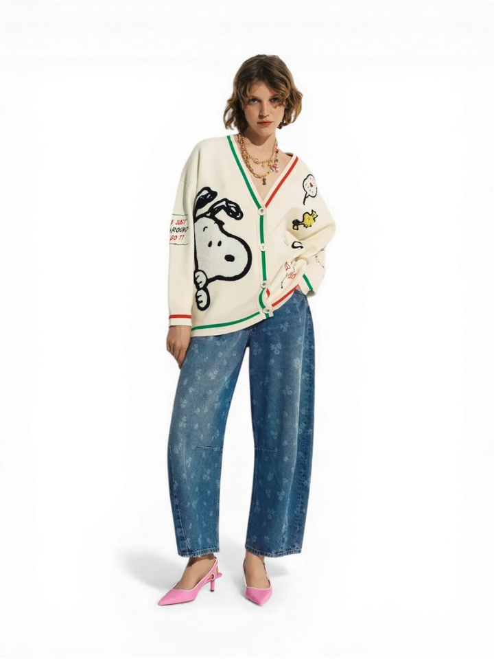 Crémekleurige gebreide oversized cardigan met patches van Snoopy en Woodstock Jaseball Essentiel