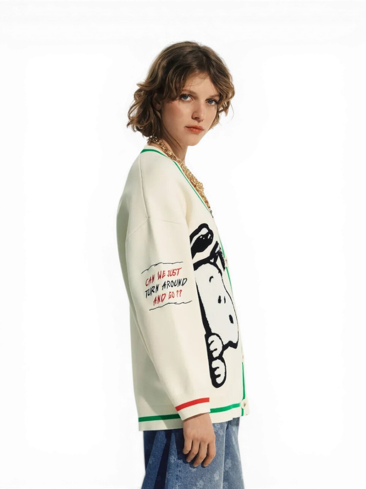 Crémekleurige gebreide oversized cardigan met patches van Snoopy en Woodstock Jaseball Essentiel