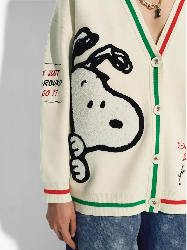 Crémekleurige gebreide oversized cardigan met patches van Snoopy en Woodstock Jaseball Essentiel