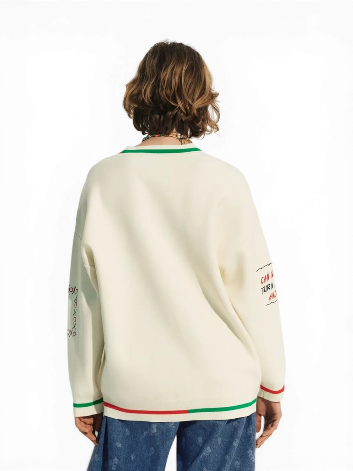 Crémekleurige gebreide oversized cardigan met patches van Snoopy en Woodstock Jaseball Essentiel