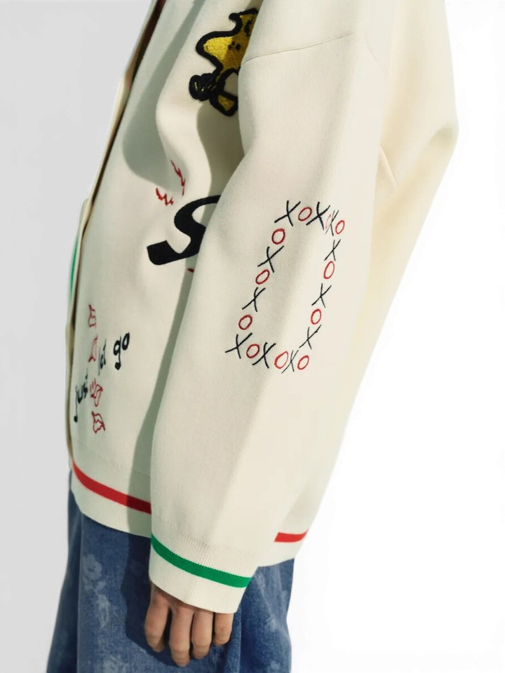 Crémekleurige gebreide oversized cardigan met patches van Snoopy en Woodstock Jaseball Essentiel