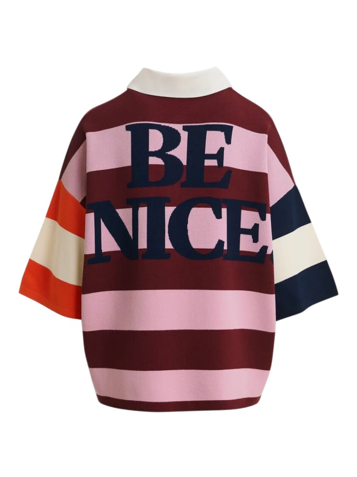 Roze en bordeauxrode gestreepte polotrui met Snoopy-patch en tekst Jice Essentiel