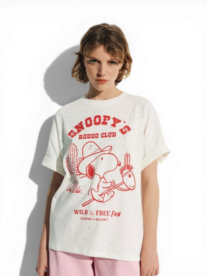 Crèmekleurig en rood Peanuts™ Snoopy T-shirt met strass-steentjes Junki Essentiel 
