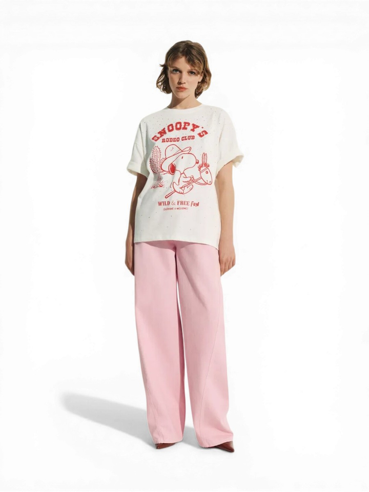 Crèmekleurig en rood Peanuts™ Snoopy T-shirt met strass-steentjes Junki Essentiel 