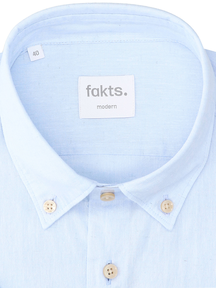 Lichtblauw uni linnen hemd (modern fit) met korte mouwen Fakts 