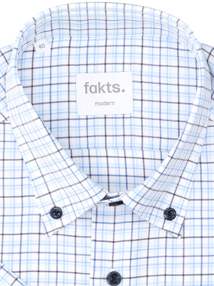 Wit katoenen hemd (modern fit) met ruiten en korte mouwen Fakts