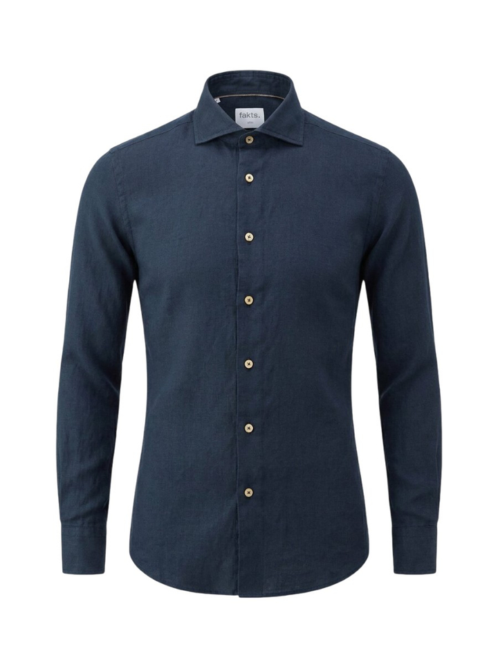 Donkerblauw uni linnen hemd (slim fit) met lange mouwen Fakts 