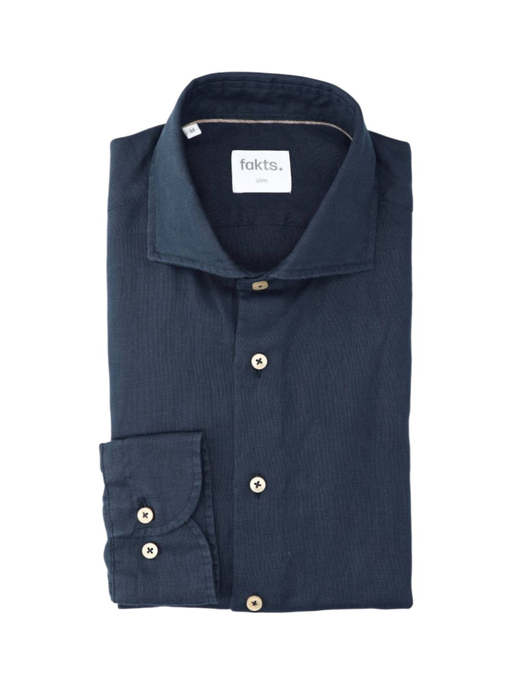 Donkerblauw uni linnen hemd (slim fit) met lange mouwen Fakts 