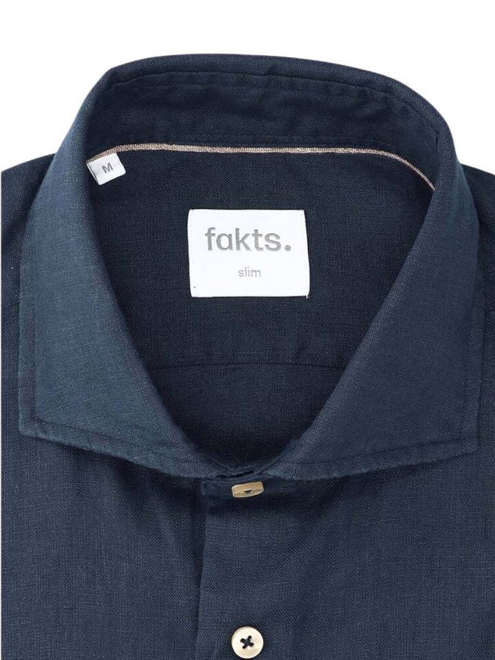Donkerblauw uni linnen hemd (slim fit) met lange mouwen Fakts 
