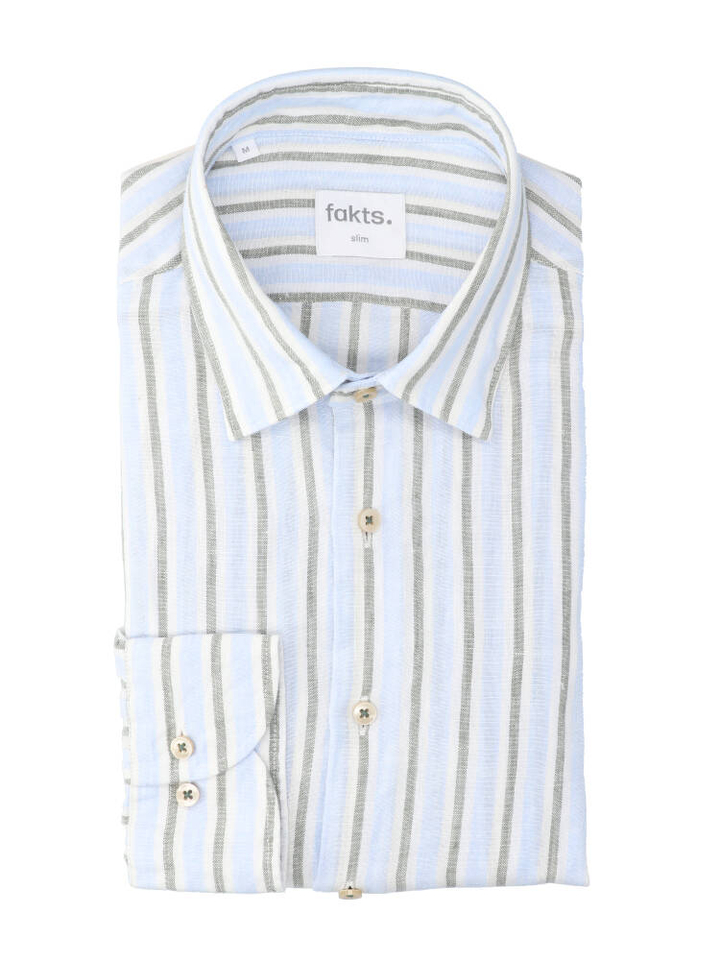 Lichtblauw linnen hemd (slim fit) met strepen en lange mouwen Fakts 