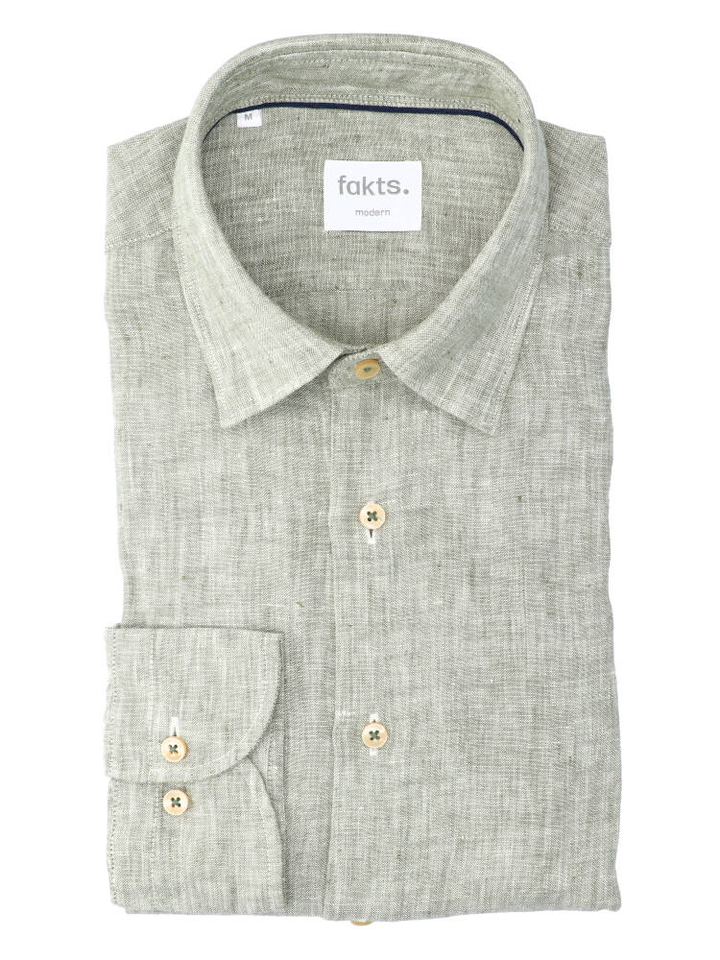 Olive uni linnen hemd ( modern fit) met lange mouwen Fakts 