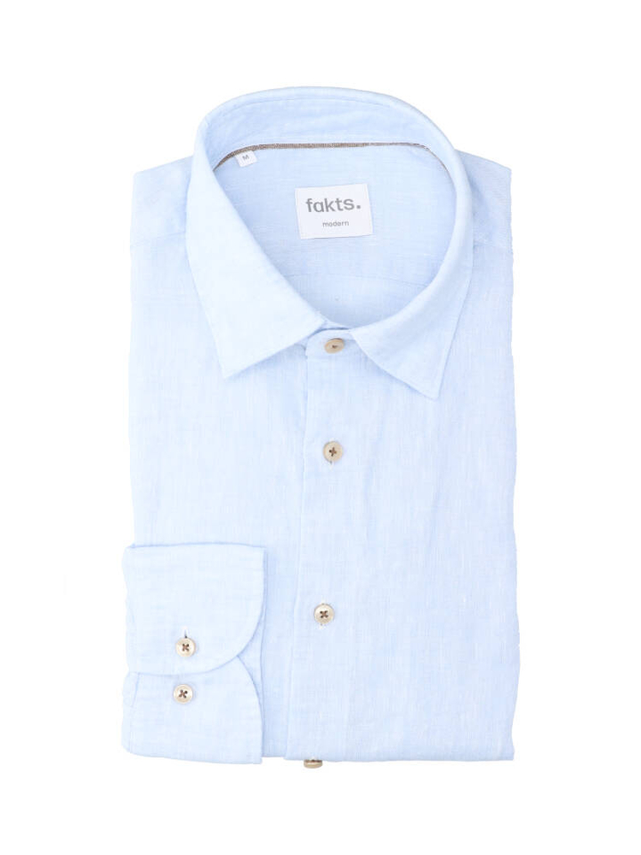 Blauw light uni linnen hemd (modern fit) met lange mouwen Fakts 