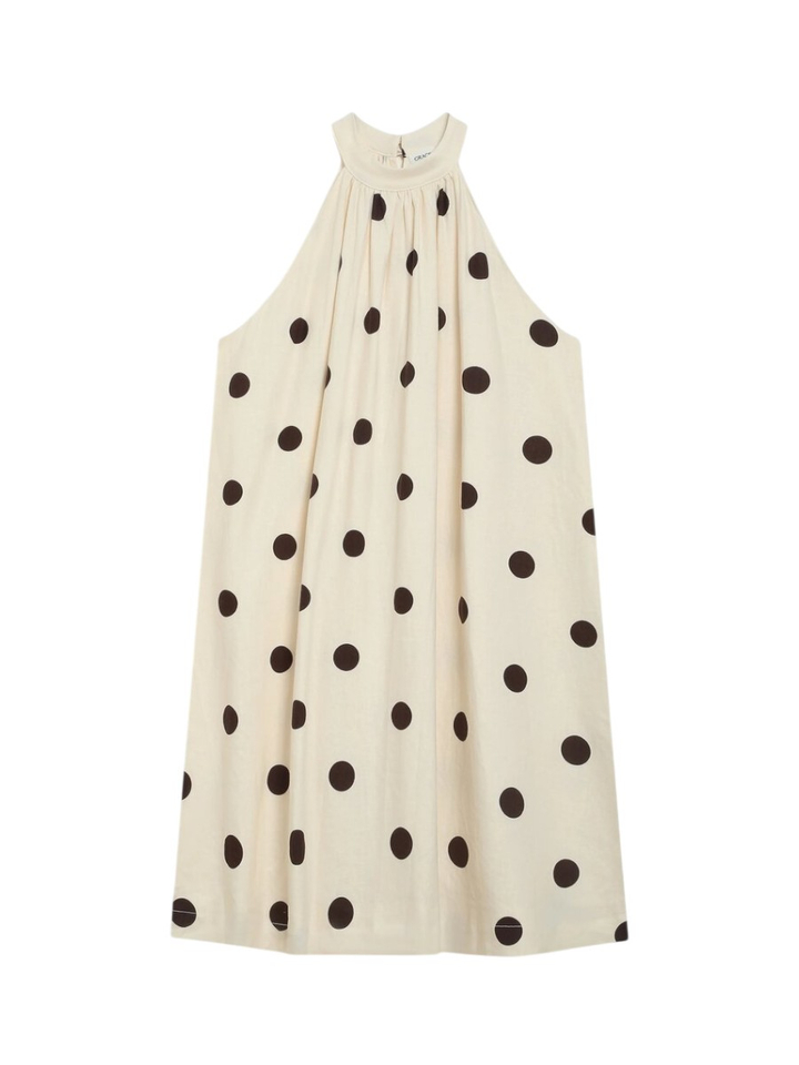 Créme kleurige linnen jurk met bruine bollen motief Warna Grace&Mila 