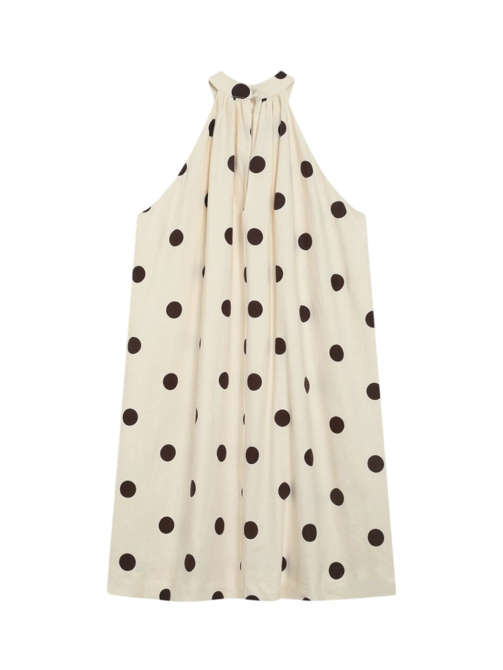 Créme kleurige linnen jurk met bruine bollen motief Warna Grace&Mila 