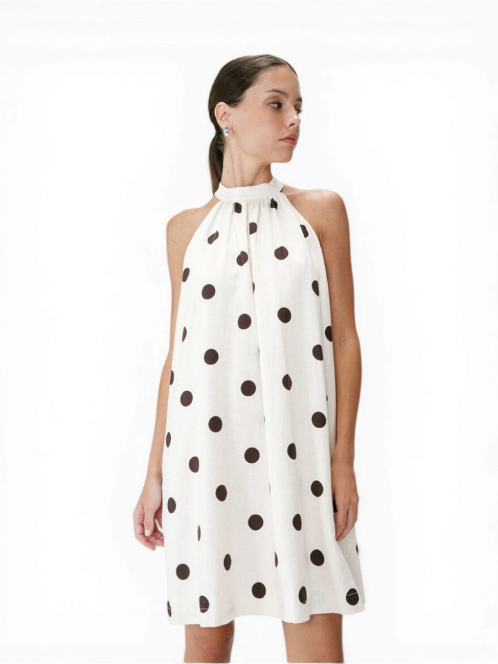 Créme kleurige linnen jurk met bruine bollen motief Warna Grace&Mila 