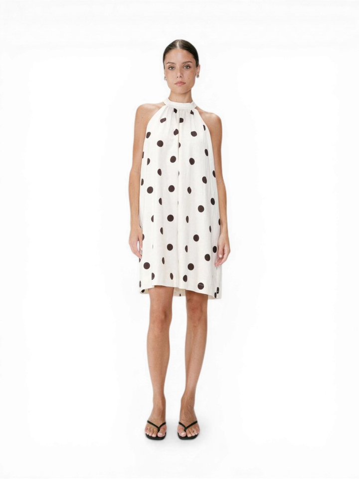 Créme kleurige linnen jurk met bruine bollen motief Warna Grace&Mila 