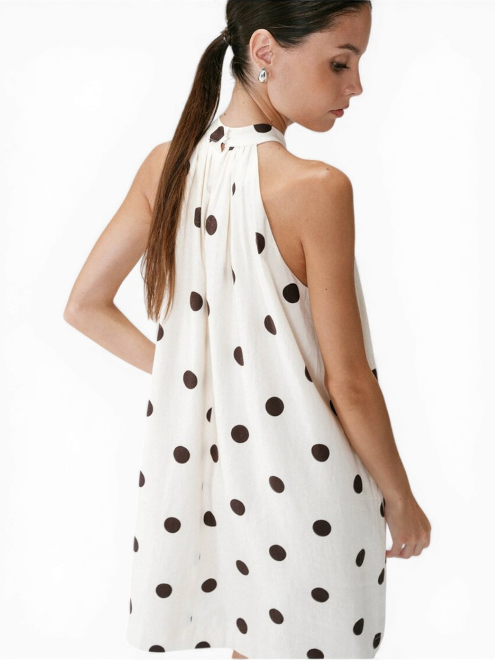 Créme kleurige linnen jurk met bruine bollen motief Warna Grace&Mila 