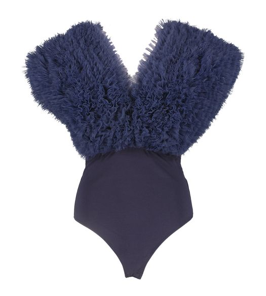 Donkerblauwe ruffle blouse Haute L'amitie