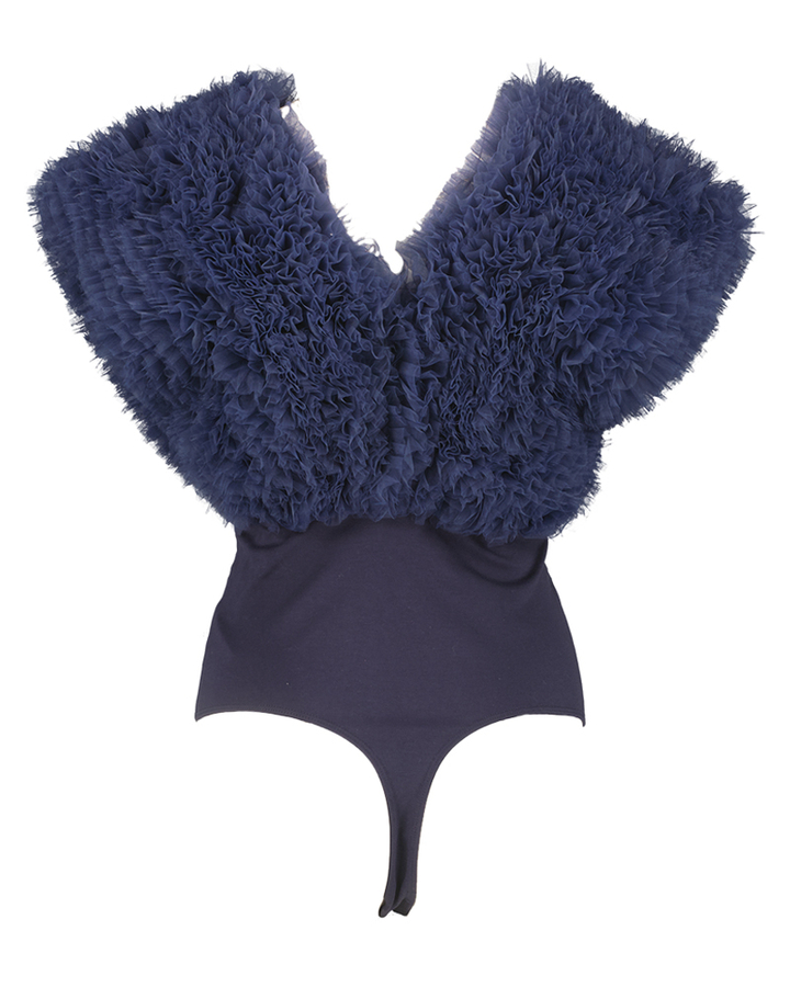 Donkerblauwe ruffle blouse Haute L'amitie